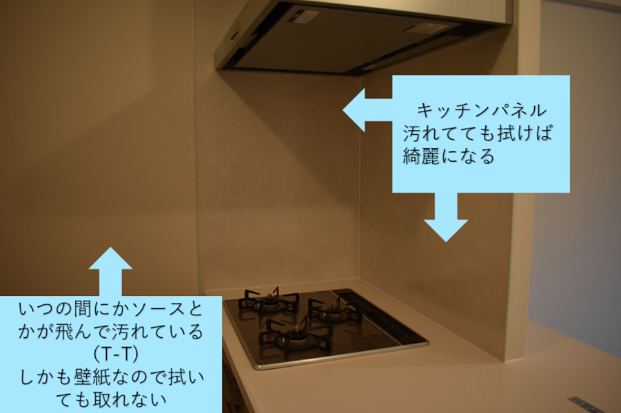 キッチンパネルとパネルがないところの違いを説明している写真