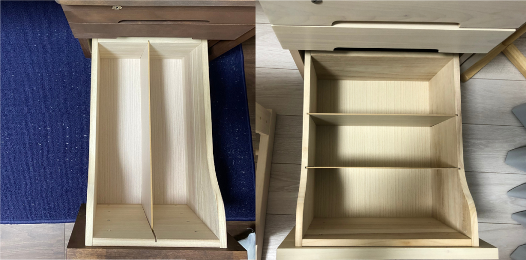 掘田木工の学習机のワゴンの薄型と普通のサイズの引き出しの中身の比較